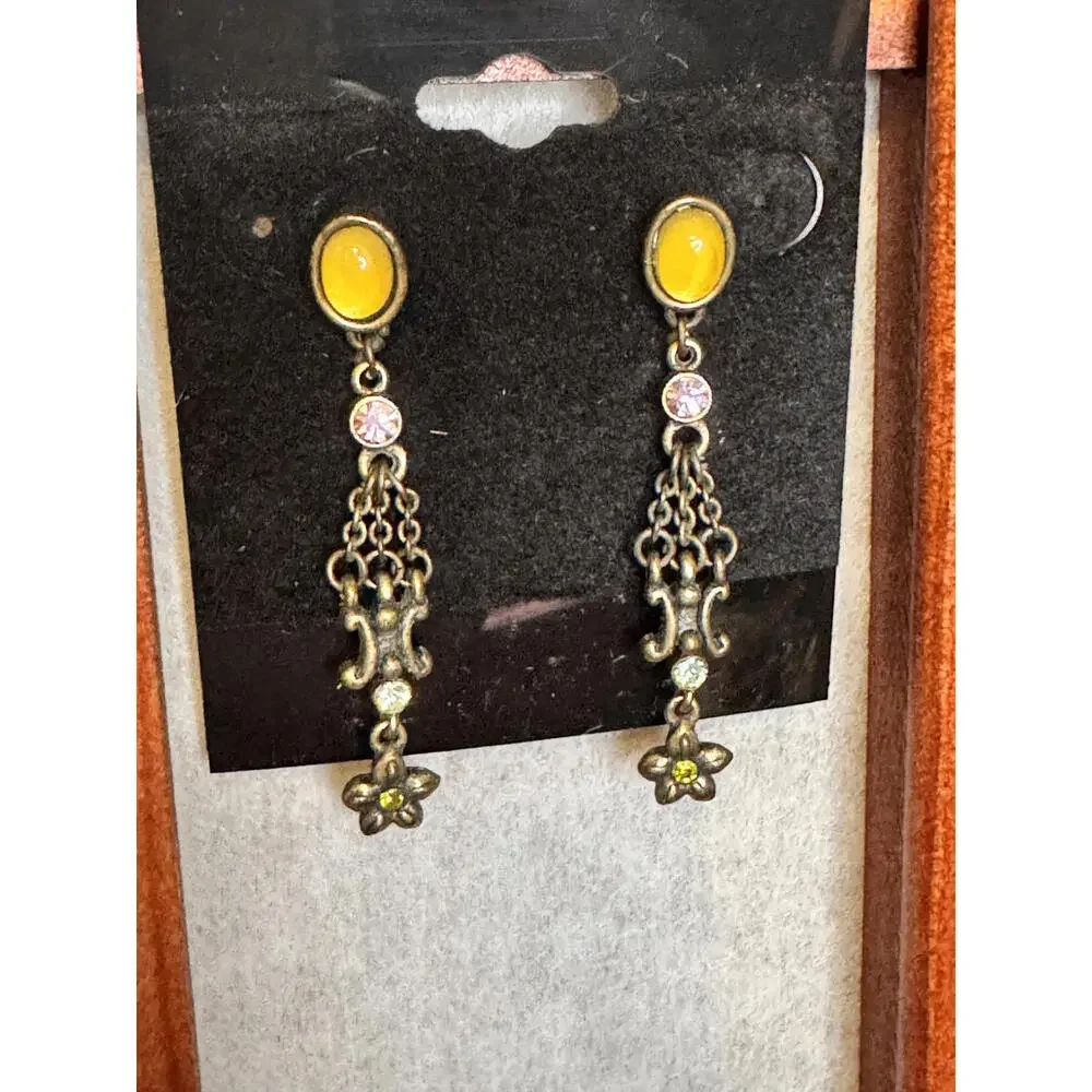 Vintage Yellow Dangle Earrings with Floral Detail‎ - Approx 2.5 Inches
